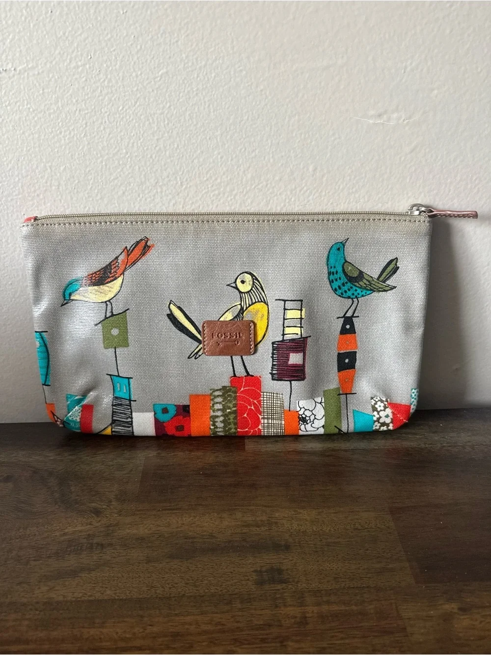 Fossil Key-Per Canvas Coated Blue Birds Clutch Purse Cosmetic Bag Rare